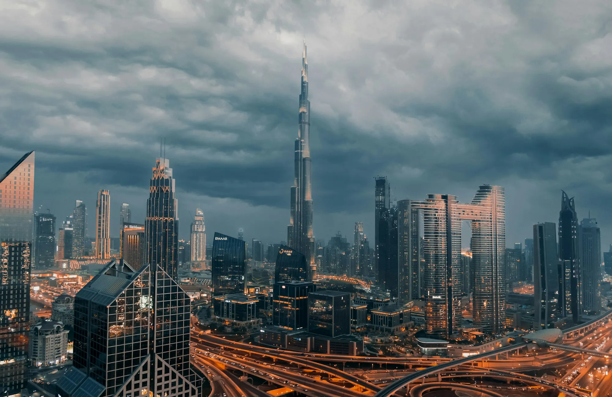 Downtown Dubai and the Burj Khalifa under dark clouds